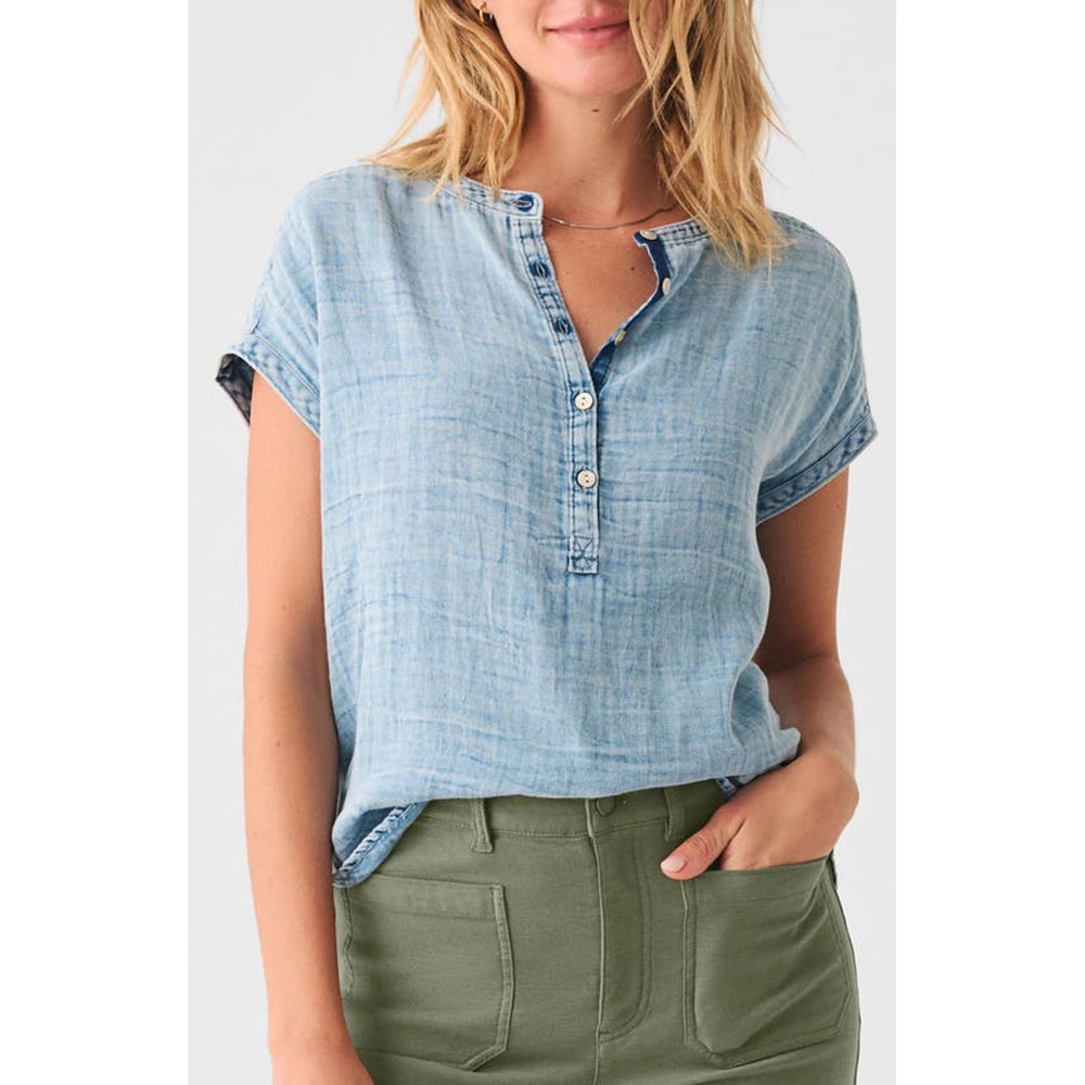 Faherty Dream Cotton Desmond Gauze Top Light Indigo Blue Medium Organic Henley
